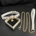 Elegant white leather kitten collar with golden bell and horsebit metal charm - White