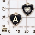 Gouden hartvormige hanger met zwart email, letter A en zonnestraal patroon - Letter A / Zwart