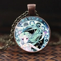 Vintage bronze Pisces zodiac necklace with glass cabochon pendant and anime art - Pisces