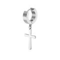 Macro view of polished stainless steel huggie earring with dangling cross pendant details - Hoop Buckle Style / Silver Cross Pendant Hoop Earring (Style 4)
