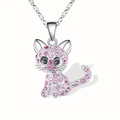 Cute sitting cat pendant necklace with pink rhinestones and silver-colored chain - Pink Cat Necklace