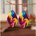 Bohemian teardrop earrings with colorful water ripple pattern on wooden branch display - Style 3