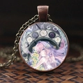 Vintage bronze Virgo zodiac necklace with glass dome pendant and purple anime girl motif - Virgo