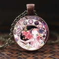 Vintage bronze Aries zodiac necklace with pink anime girl glass cabochon pendant - Aries
