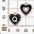 Gouden hartvormige hanger met zwarte emaille letter Q en kralenrand sieraad onderdeel - Letter Q / Zwart