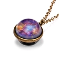 Macro shot of galaxy pendant with purple nebula design and vintage bronze chain - Purple Gold Nebula (Style 6)