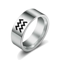 Polished stainless steel ring with Aquarius zodiac symbol on white background - Aquarius