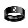 Polished black stainless steel Leo zodiac sign ring with white astrological symbol - Leo
