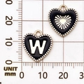 Hartvormige hanger van zwart emaille met letter W en gouden kralenrandje - Letter W / Zwart