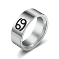 Polished stainless steel ring with black number 69 print in a minimalist silver finish - Cancer