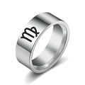 Polished silver stainless steel wide band ring featuring a black Virgo zodiac symbol - Virgo