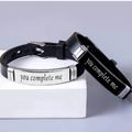 Couples crown letter bracelets in black silicone and stainless steel with engravings - "You Complete Me" Engraved Couple Bracelet (Style 8)