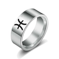 Silver stainless steel wide band ring featuring a black Pisces zodiac sign symbol - Pisces