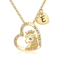 Golden heart necklace with unicorn detail, colorful crystals, and custom letter E charm - Letter E(E)