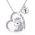 Einhorn-Herz-Halskette in Silber mit Buchstabe F Anhänger und bunten Strasssteinen - Buchstabe F
