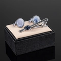 Set di gemelli e fermacravatta argento con corona d'alloro blu su scatola in pelle - Stile Corona di Alloro Argento Blu