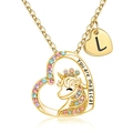 Golden heart unicorn necklace with colorful crystals and engraved letter L charm - Letter L(L)
