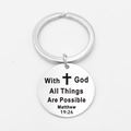 Portachiavi in acciaio inox argento con versetto biblico, croce e citazione Matteo 19:26 - Stile With God Cross