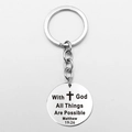 Polished stainless steel religious keychain with Bible verse Matthew 19:26 engraved - Long-With God Cross Style