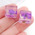 Handheld square resin pendant with purple dried flowers and gold ring for DIY jewelry - Purple Cube (19176)