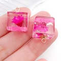 Cube resin flower pendant in magenta with gold ring for DIY jewelry making - Rose Red Cube (19179)