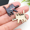 Black enamel cartoon cat charm with knife and red blood drip in golden metal finish - Black Drip Oil Cat With Bloody Knife (19121)