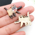 Cartoon Siamese cat enamel pendant with knife detail in golden metal finish - Dark Brown Drip Oil Cat With Bloody Knife (19122)