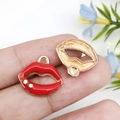 Detailed view of red enamel lip charms with gold plating and rhinestones for DIY jewelry - Bright Red Enamel Rhinestone Lips 17x15mm (12290) 1.2g