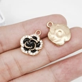 DIY black enamel camellia flower pendant with white rhinestones and gold plating - KC Gold Black Enamel Rhinestone Flower 15x17mm (16543) 2.1g
