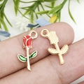 Red enamel rose flower pendant with golden metal back and loop for jewelry making - Red Rose (9x18mm)