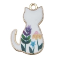 Weißer Cartoon Katzenanhänger mit Blumenmuster und Goldrahmen für DIY Schmuck basteln - Rückenkatze mit Blumenmuster-18947