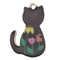 Schwarzer Katzen-Emaille-Anhänger mit bunten Blumenmustern und goldener Aufhängung - Schwarze Katze mit Blumen-18948