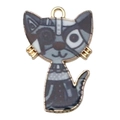 Süßer Emaille-Katzenanhänger in Grau und Schwarz mit Goldrahmen für DIY-Schmuckdesign - Grau gemusterte Katze-19130