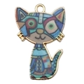 Süßer bunter geometrischer Katzenanhänger aus Emaille für DIY-Schmuck und Accessoires - Blau gemusterte Patchwork-Katze-19132