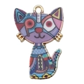 Bunter Emaille Katzen-Anhänger im Boho-Stil mit Goldrand für DIY-Schmuckherstellung - Bunte gemusterte Katze-19134