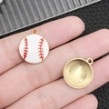 White enamel baseball charm with red stitching and golden sunburst back for DIY jewelry - White Mini Baseball