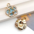 Blue enamel daisy flower pendant with white zircons and gold textured back - Lake Blue Enamel Flower with Rhinestone (18053) / 14x17mm