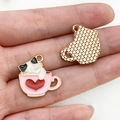 Pink teacup kitten charm in enamel alloy with gold textured back for DIY jewelry - White Cat Pink Cup Heart (19424)