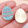 Easter egg pendant with sky blue enamel and heart patterns on a golden metal base - Heart Design Egg (15148) / 1 Piece/Pack (14x22mm) / Red
