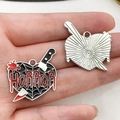 Gothic heart charm with horror text and spider web pattern in black enamel finish - HORROR Heart Style / 27x26mm