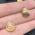 Golden seashell alloy charms with white faux pearl for DIY jewelry making and bracelets - KC Gold Enamel Marine Pearl Shell Style (11948)