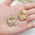 Golden butterfly and flower alloy pendant with colorful enamel and sparkling rhinestones - Pink Butterfly Wreath Style (19610)