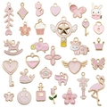 Pink enamel assorted charms including flower heart and cat for DIY jewelry making - Enamel Pink Set (HK549)