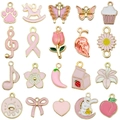 Set van 20 roze emaille bedeltjes met kattenpootjes, vlinders en bloemmotieven - Gemengde Emaille Roze Stijl (SN1645)