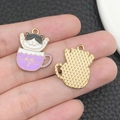 Cat in purple coffee cup enamel charm with gold-plated mesh back for DIY jewelry - White Cat Purple Cup Enamel (19426)