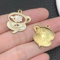 Creamy enamel coffee cup pendant charm with latte art pattern and golden metal edge - Pale Yellow Enamel Coffee Cup (21151)