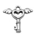 Colgante llave ala corazón de aleación plata mate para creación de joyas DIY artes - Llave de Corazón de Ángel de Plata Antigua (11409)
