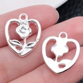 Vintage zilveren hart-roos hanger voor DIY sieraden maken en voor sleutelhangers - Bright Silver Heart Rose (19x15mm)