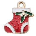 Colgante calcetín de Navidad de esmalte rojo con hoja de acebo y brillantes cristales - Calcetín de Navidad Rojo con Brillantes (15x17mm)