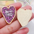 Roze luipaardprint hart hanger met Love You tekst en gouden metalen rand - Paars Onregelmatig Luipaardprint Hart (21370)